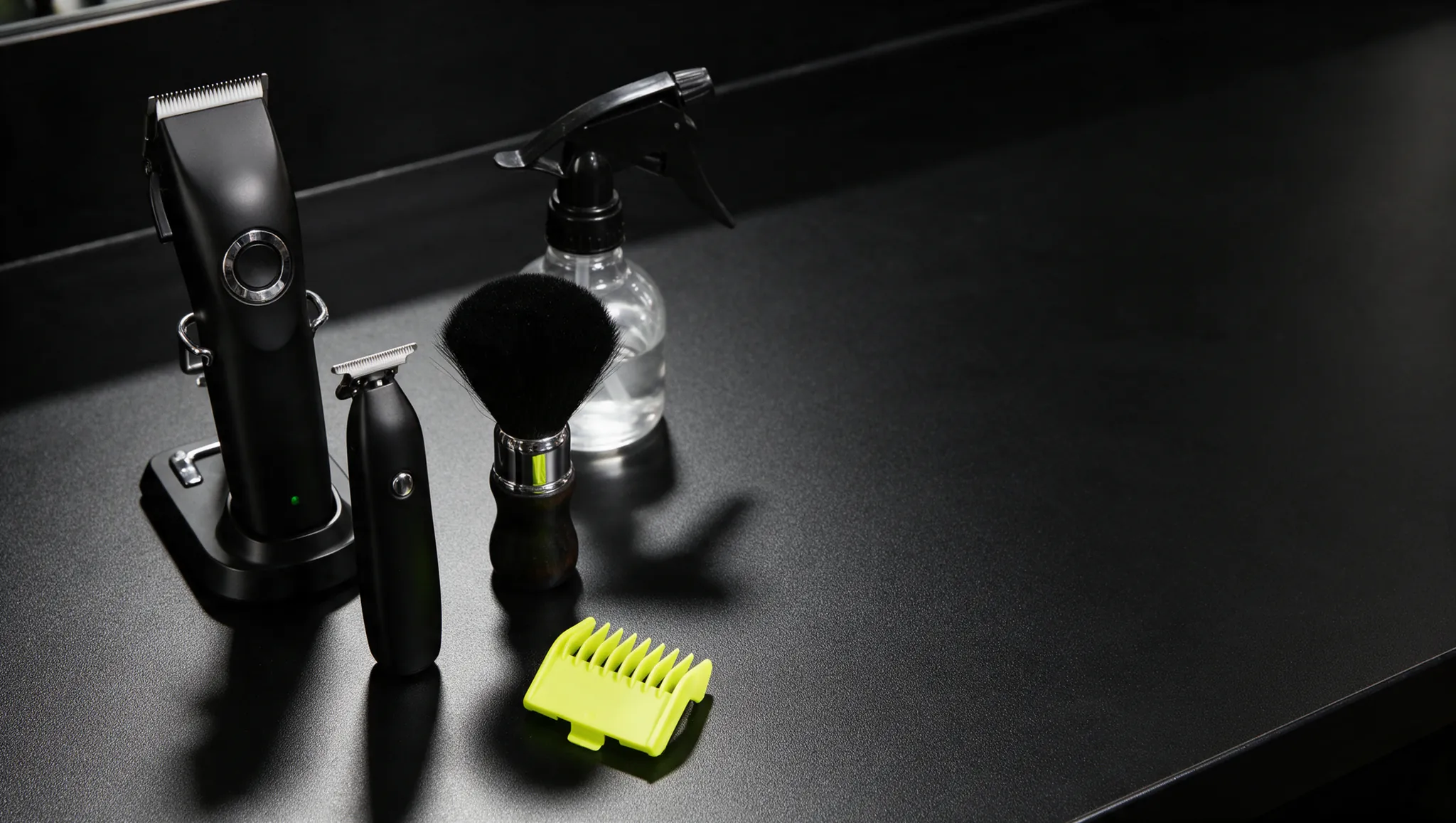 Tondeuse, trimmer, kwast en een opzetkam op de werkplek.